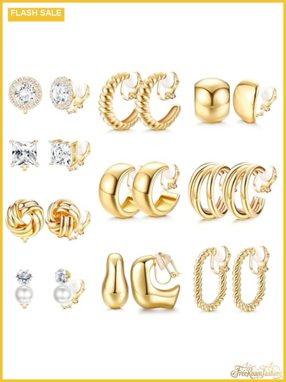 10 Pair Clip On Earrings Set Non Pierced Hypoallergenic 14K Gold Plated